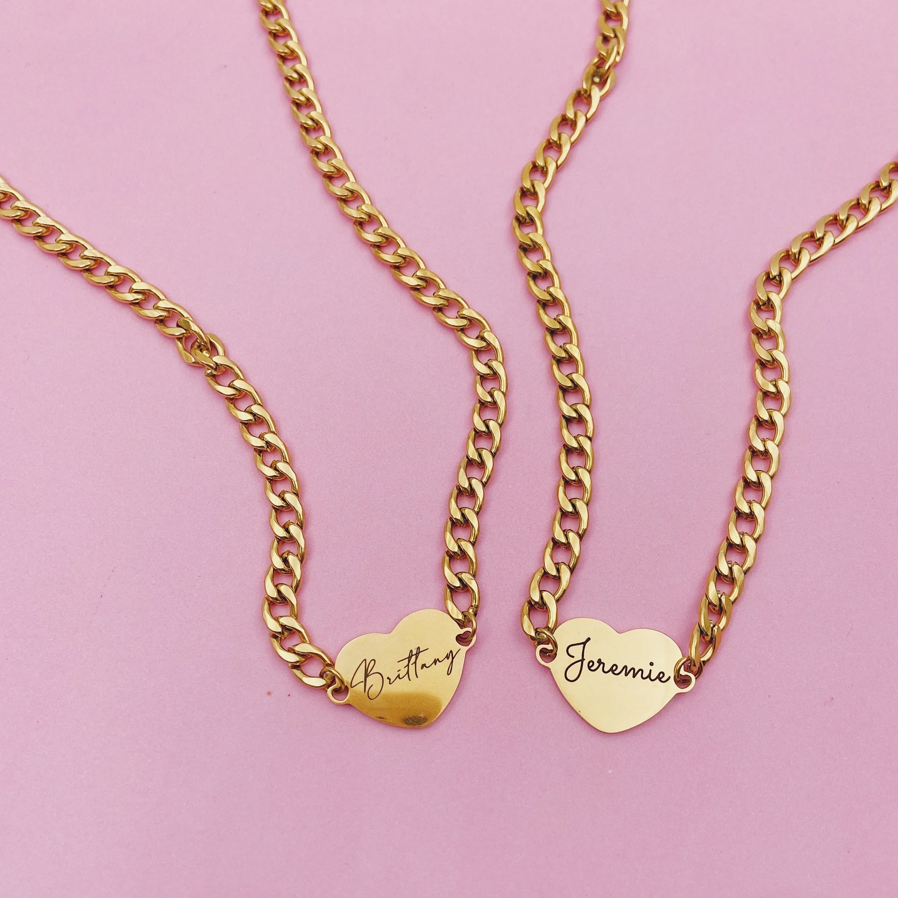 Lazer Engraved Heart Necklace with Thick Curb Chain - LINE ART