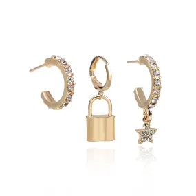 Lock Shape Mix and Match Rhinestone Star Stud Earrings