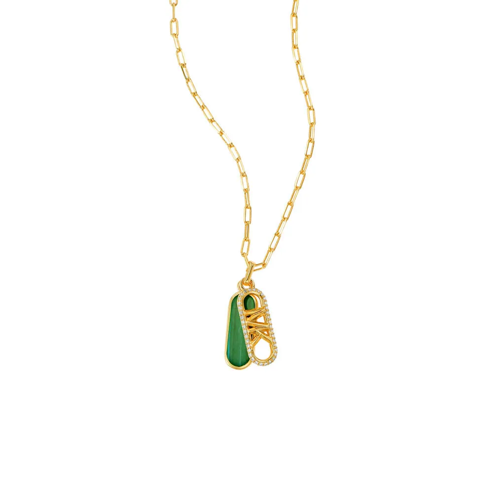 Michael Kors 14ct Yellow Gold Plated Brass Malachite Acetate Dog Tag Pendant with Chain