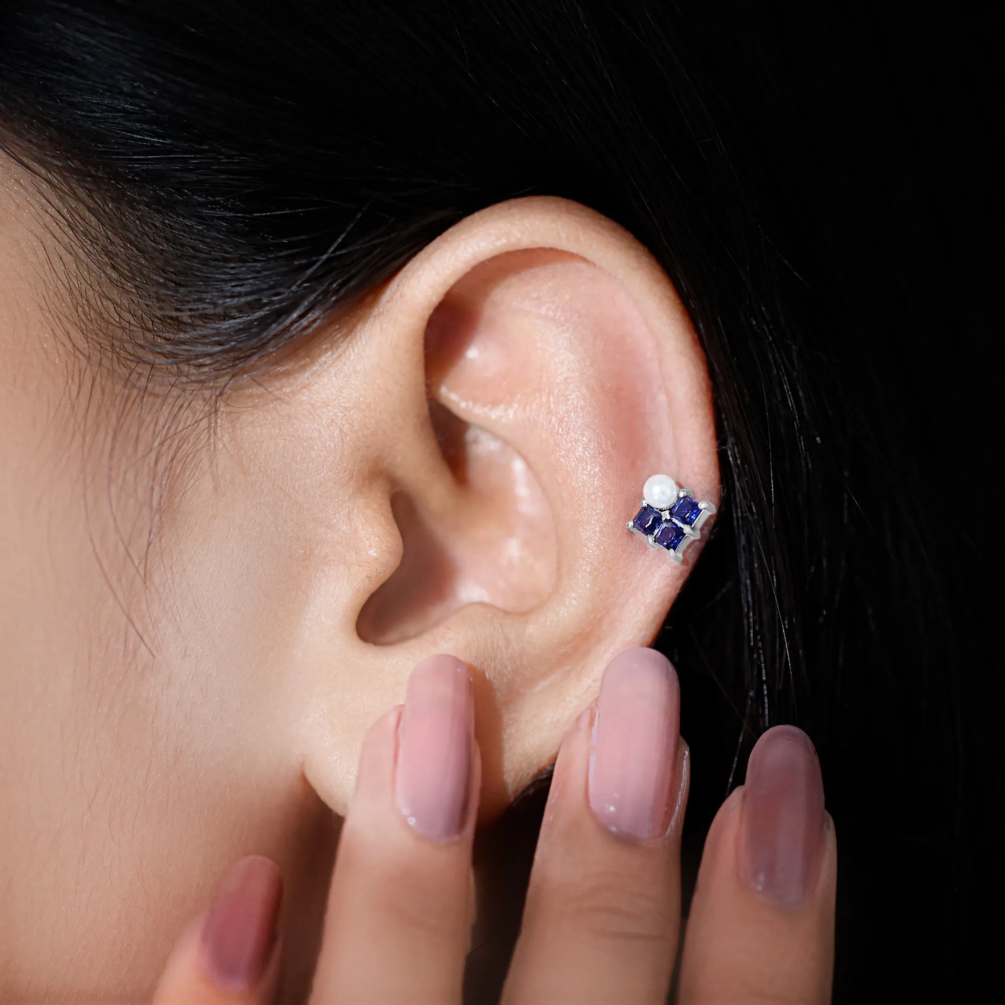 Minimal Freshwater Pearl Helix Earring with Blue Sapphire