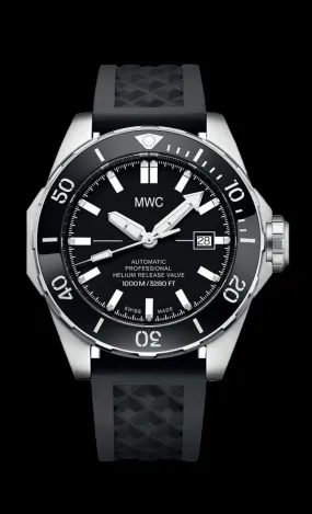 MWC 100atm / 3,280ft / 1000m Water Resistant Divers Watch in Stainless Steel Case with Helium Valve on Silicon Strap / 100% Swiss Made with a Sellita SW200 26 Jewel Automatic Movement