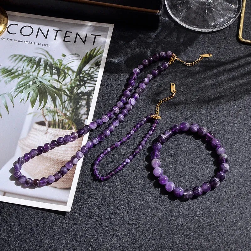 Natural Amethyst Beaded Choker Necklace Bracelet Anklet Set Women's