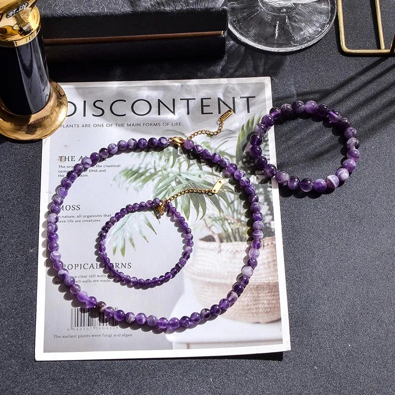 Natural Amethyst Beaded Choker Necklace Bracelet Anklet Set Women's