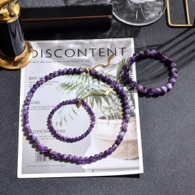 Natural Amethyst Beaded Choker Necklace Bracelet Anklet Set Women's