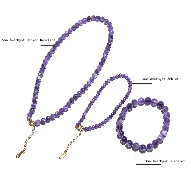 Natural Amethyst Beaded Choker Necklace Bracelet Anklet Set