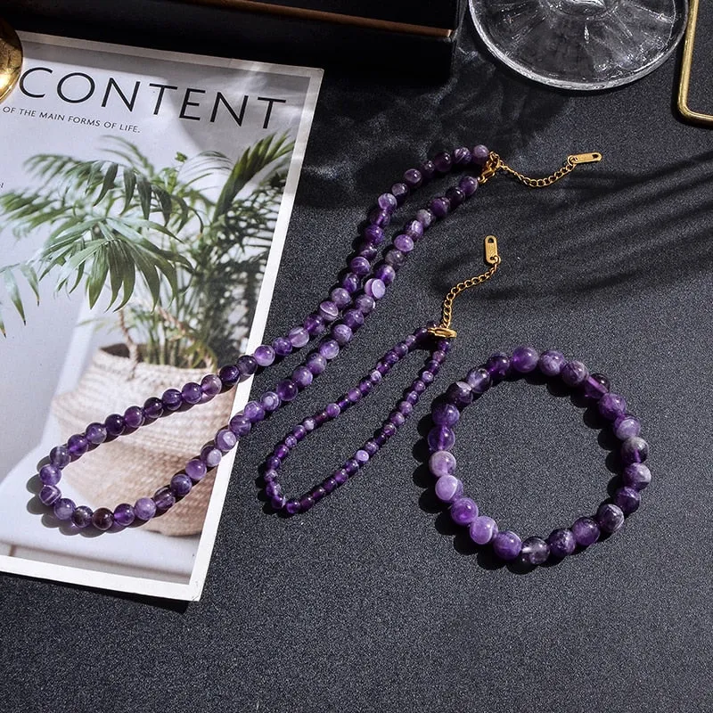 Natural Amethyst Beaded Choker Necklace Bracelet Anklet Set