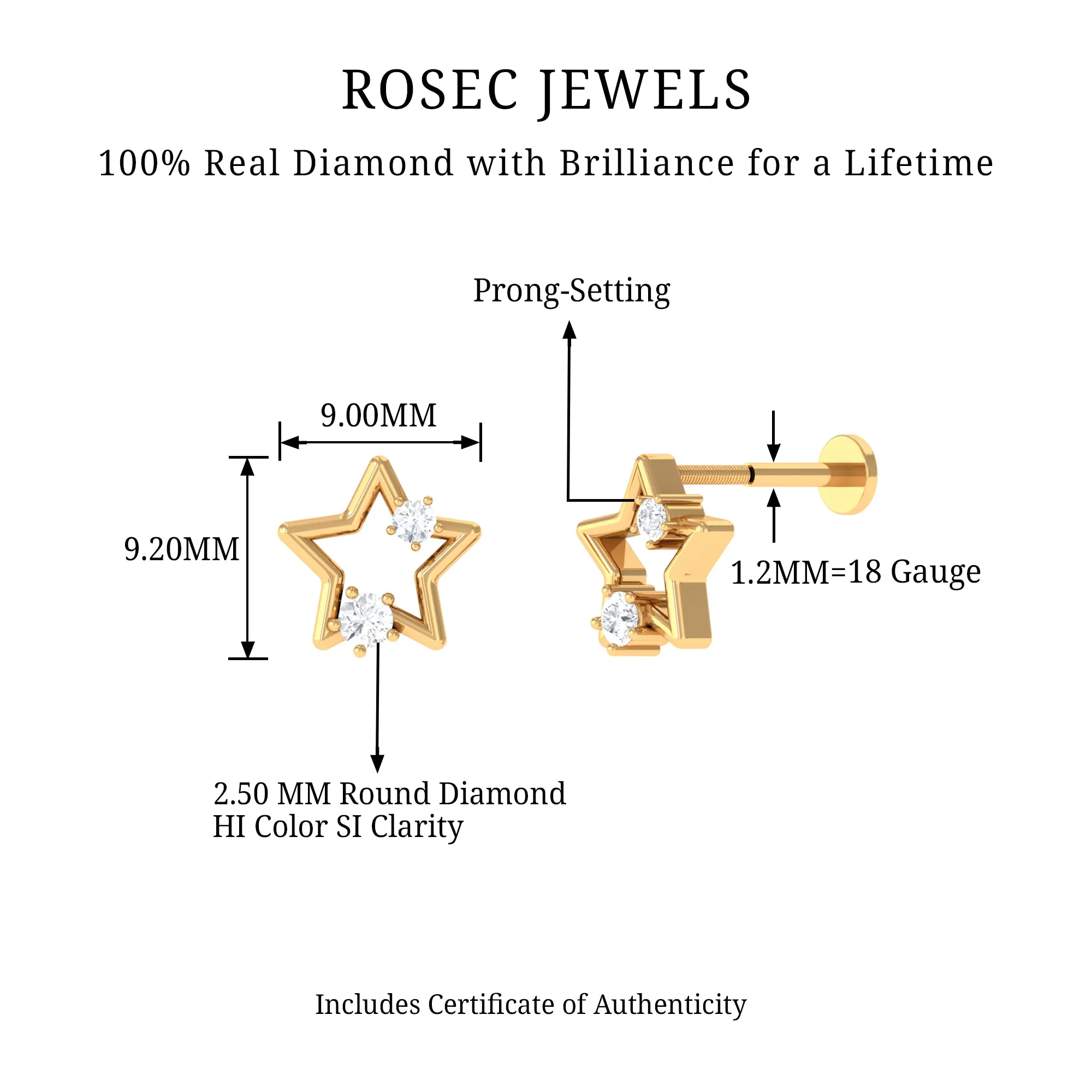 Natural Diamond Star Earring for Upper Lobe Piercing
