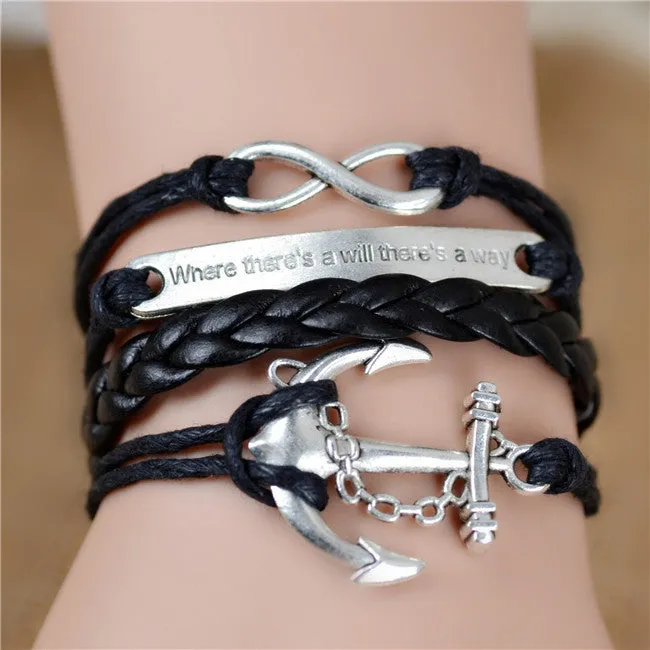 New Womens Fashion Vintage Anchors Rudder Rectangle Leather Bracelet Multilayer Charm Bracelets Best Valentine's Day Gift