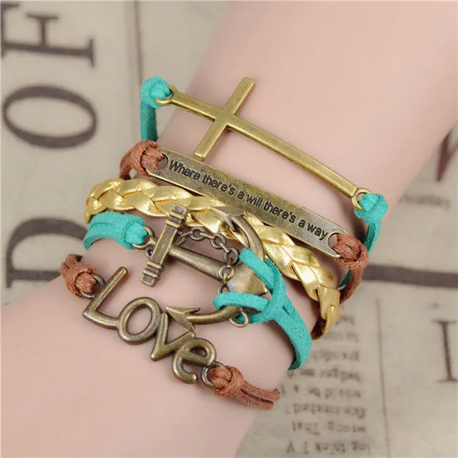 New Womens Fashion Vintage Anchors Rudder Rectangle Leather Bracelet Multilayer Charm Bracelets Best Valentine's Day Gift