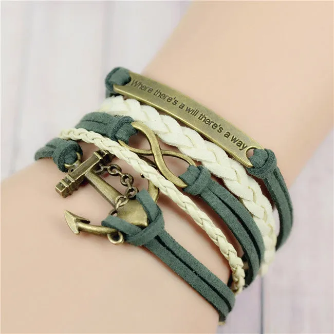 New Womens Fashion Vintage Anchors Rudder Rectangle Leather Bracelet Multilayer Charm Bracelets Best Valentine's Day Gift