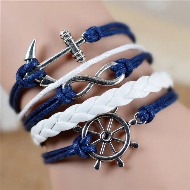 New Womens Fashion Vintage Anchors Rudder Rectangle Leather Bracelet Multilayer Charm Bracelets Best Valentine's Day Gift