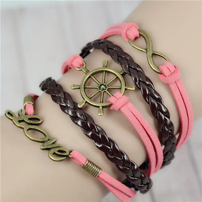 New Womens Fashion Vintage Anchors Rudder Rectangle Leather Bracelet Multilayer Charm Bracelets Best Valentine's Day Gift