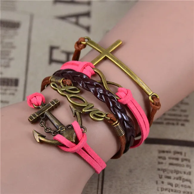 New Womens Fashion Vintage Anchors Rudder Rectangle Leather Bracelet Multilayer Charm Bracelets Best Valentine's Day Gift