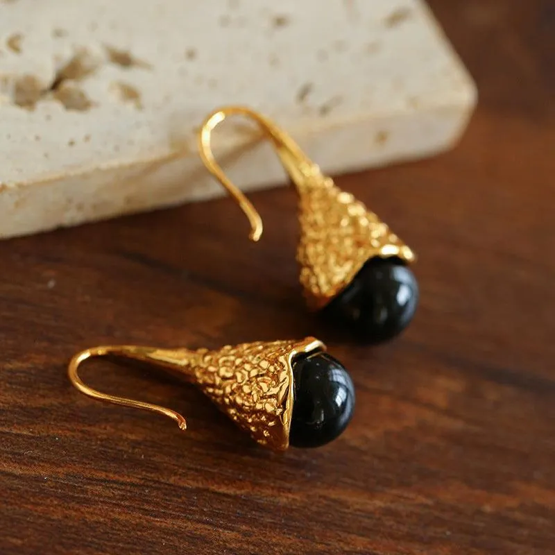 Niche Drop-shaped Agate Texture Ear Hook Earrings