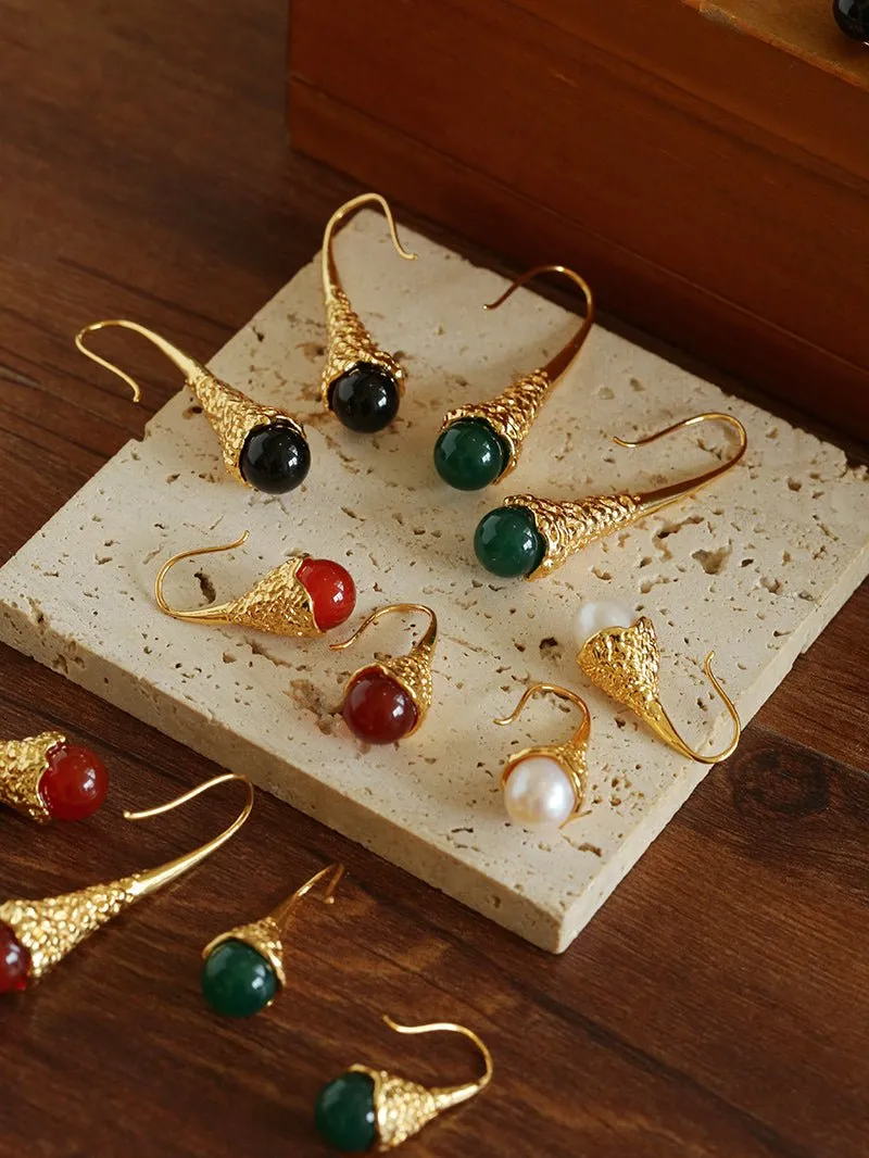Niche Drop-shaped Agate Texture Ear Hook Earrings