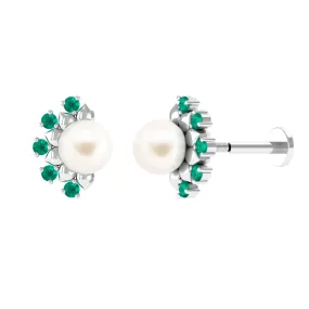 Real Freshwater White Pearl Floral Helix Earrings with Emerald
