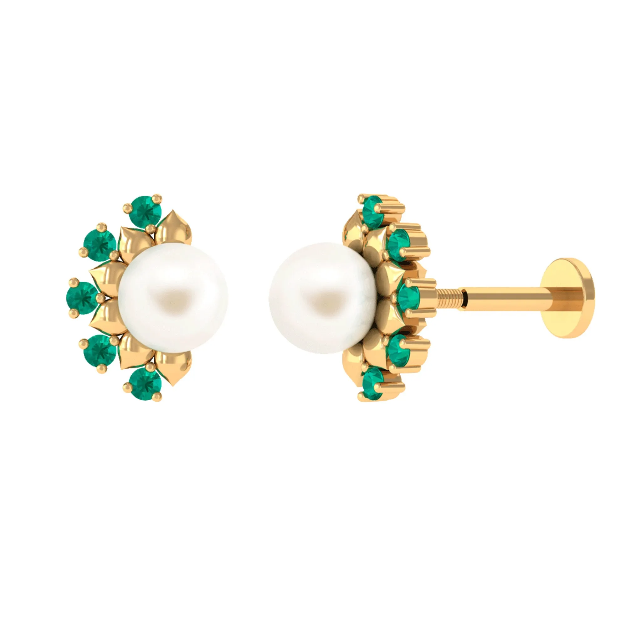Real Freshwater White Pearl Floral Helix Earrings with Emerald