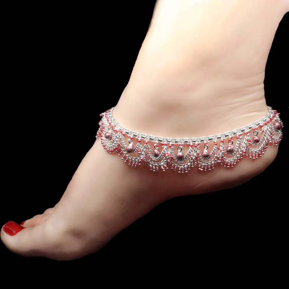 Red Bridal Silver Anklets for women 10.5"