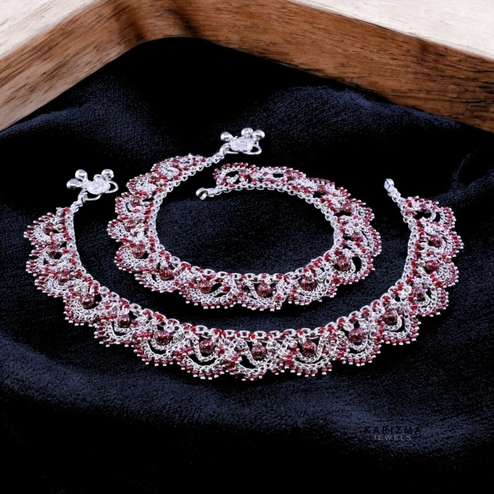 Red Bridal Silver Anklets for women 10.5"