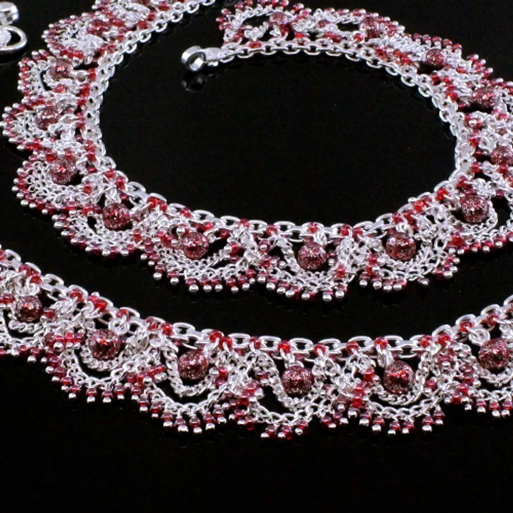Red Bridal Silver Anklets for women 10.5"