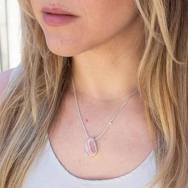 RHODOCHROSITE AND DIAMOND ASYMMETRICAL SILVER NECKLACE