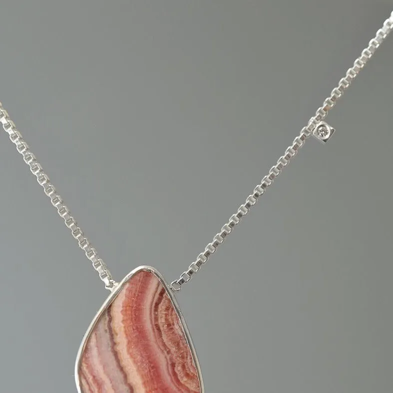 RHODOCHROSITE AND DIAMOND ASYMMETRICAL SILVER NECKLACE