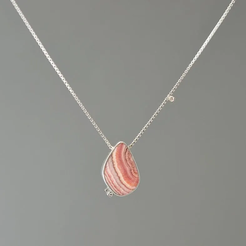 RHODOCHROSITE AND DIAMOND ASYMMETRICAL SILVER NECKLACE