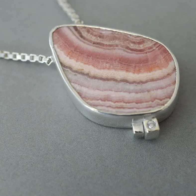 RHODOCHROSITE AND DIAMOND ASYMMETRICAL SILVER NECKLACE