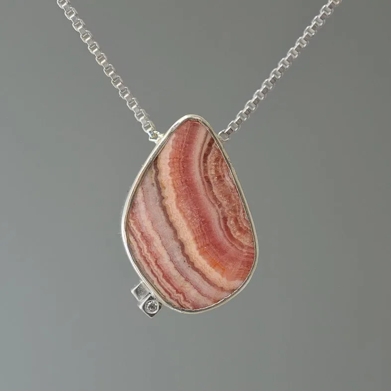 RHODOCHROSITE AND DIAMOND ASYMMETRICAL SILVER NECKLACE