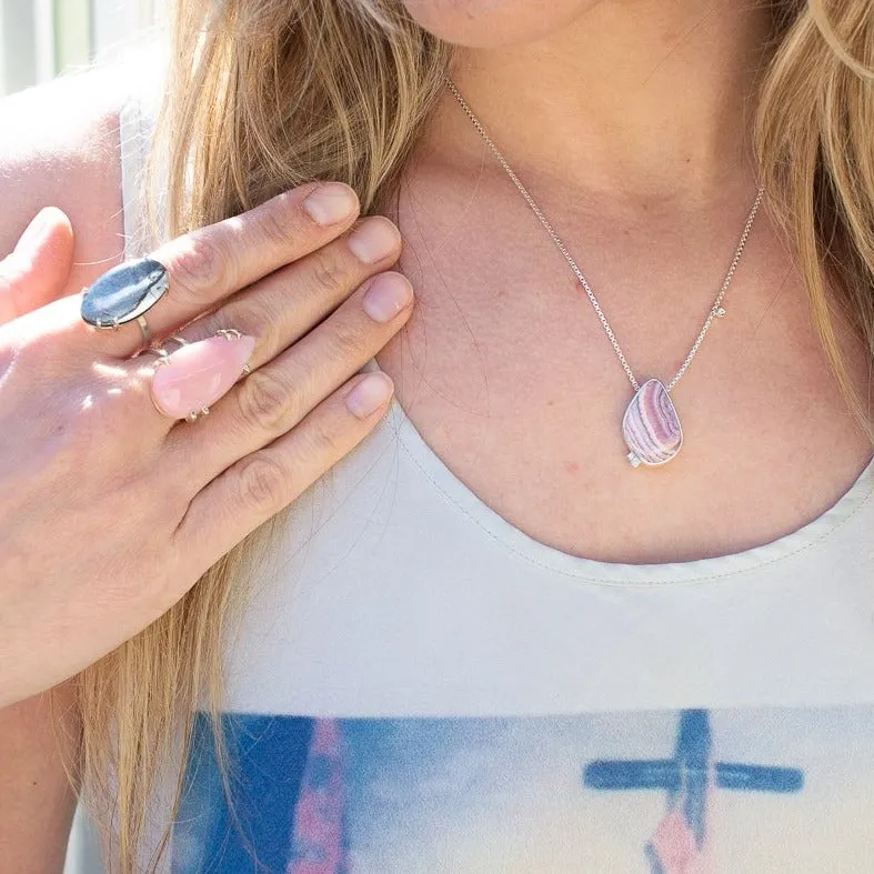 RHODOCHROSITE AND DIAMOND ASYMMETRICAL SILVER NECKLACE