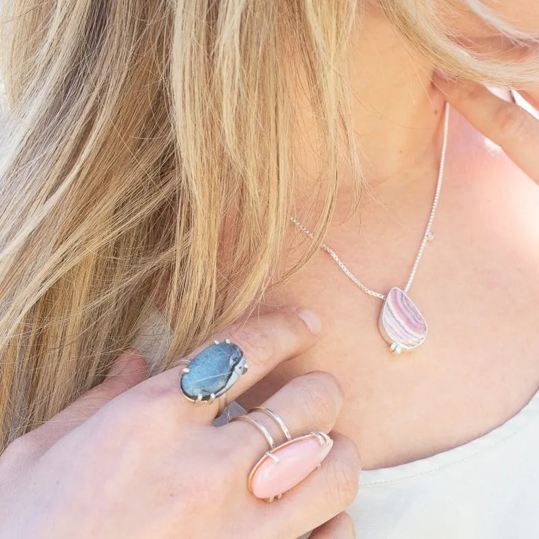 RHODOCHROSITE AND DIAMOND ASYMMETRICAL SILVER NECKLACE
