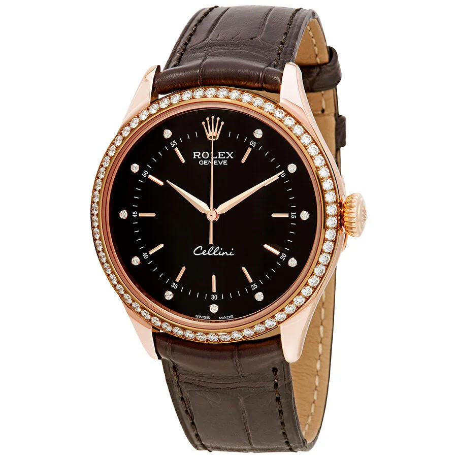 Rolex Cellini Time Black Diamond Dial Automatic Men's Leather Watch 50705BKDL