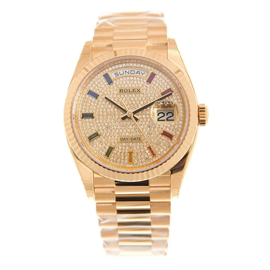 Rolex Day-Date President Yellow Gold Paved-Rainbow Automatic Chronometer Diamond Ladies Watch 128238-0051