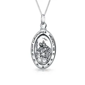 Saint Christopher Oval Medallion Pendant Necklace in Sterling Silver for Safe Travel