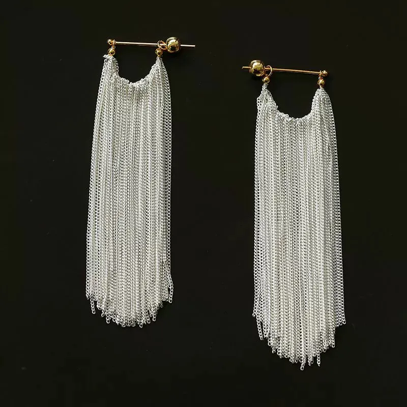 Shining Galaxy Waterfall Long Tassel Silver Earrings