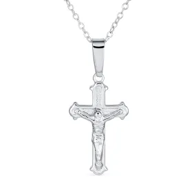 Simple Christian Catholic Pendant Necklace with Jesus Crucifix Cross Sterling Silver Chain