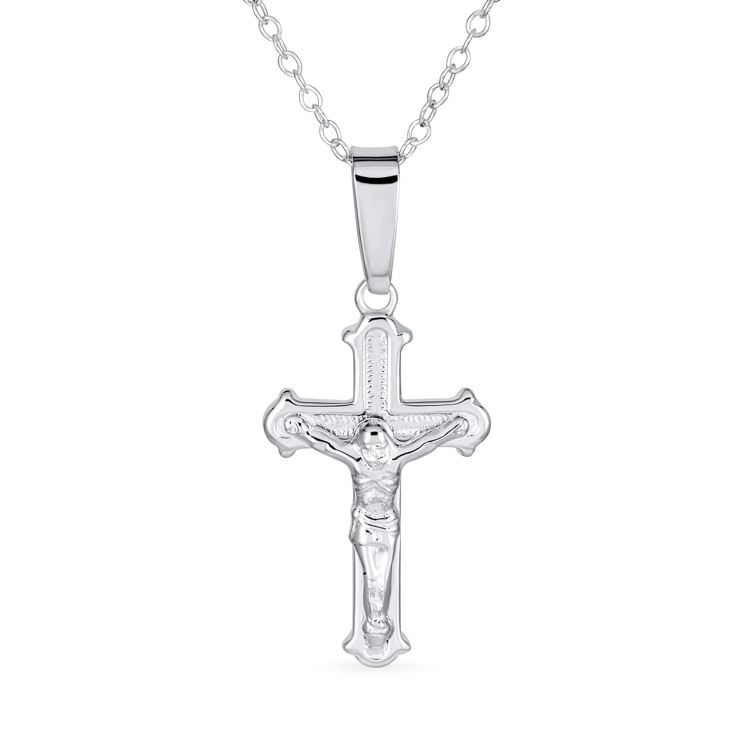 Simple Christian Catholic Pendant Necklace with Jesus Crucifix Cross Sterling Silver Chain