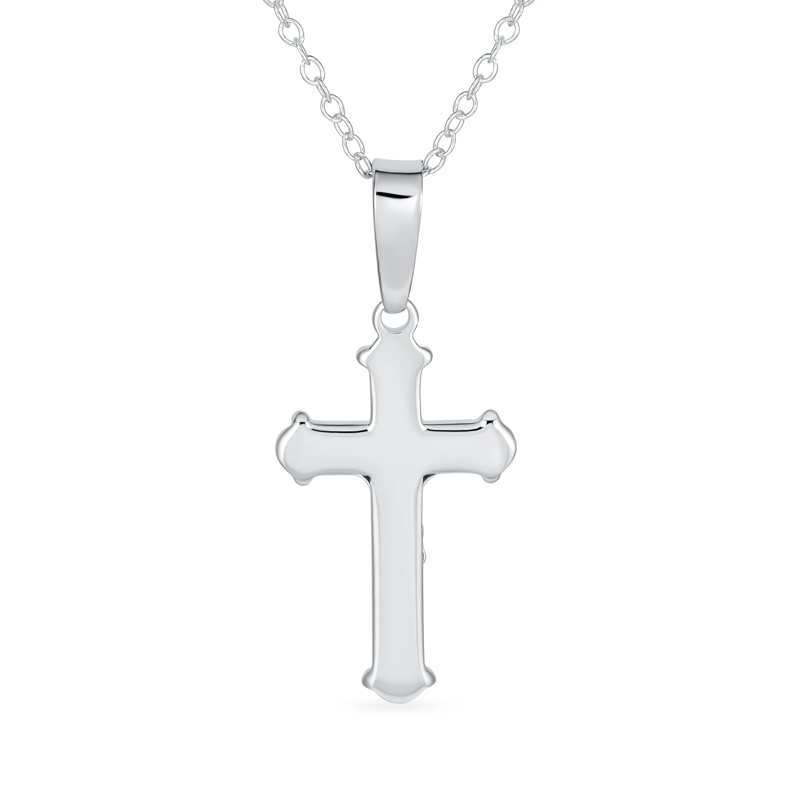 Simple Christian Catholic Pendant Necklace with Jesus Crucifix Cross Sterling Silver Chain