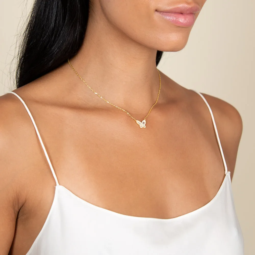 Small Pave X Baguette Butterfly Necklace