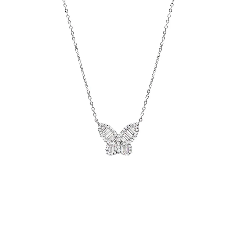 Small Pave X Baguette Butterfly Necklace
