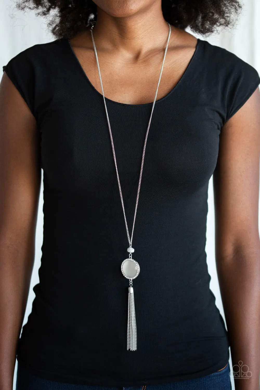 SPARKLING SPECTACLE - WHITE CAT'S EYE STONE RHINESTONE SILVER NECKLACE - PAPARAZZI