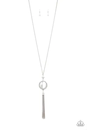 SPARKLING SPECTACLE - WHITE CAT'S EYE STONE RHINESTONE SILVER NECKLACE - PAPARAZZI