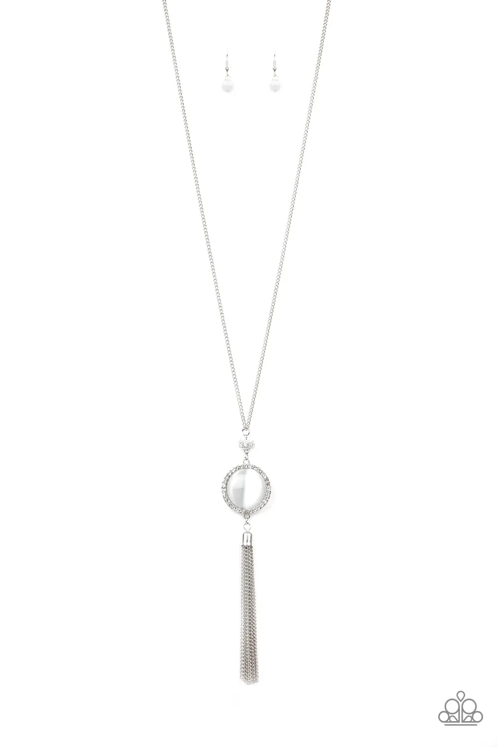 SPARKLING SPECTACLE - WHITE CAT'S EYE STONE RHINESTONE SILVER NECKLACE - PAPARAZZI