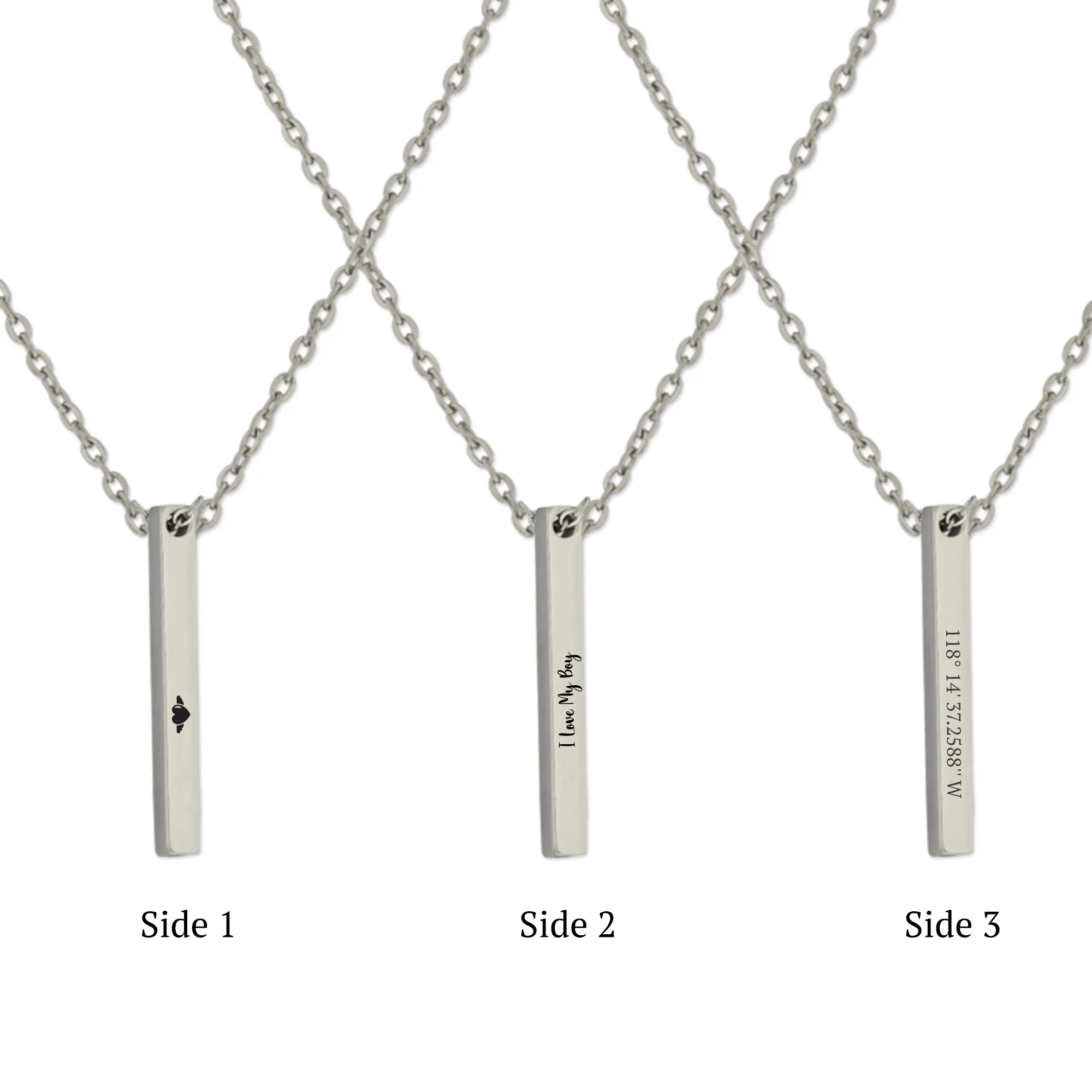 Stainless Steel Engraved Bar 4 Sided Bar Necklace KCL 12