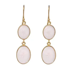Star Patterned Oval Rose Quartz Gemstone Earrings in Gold Plated Sterling Silver