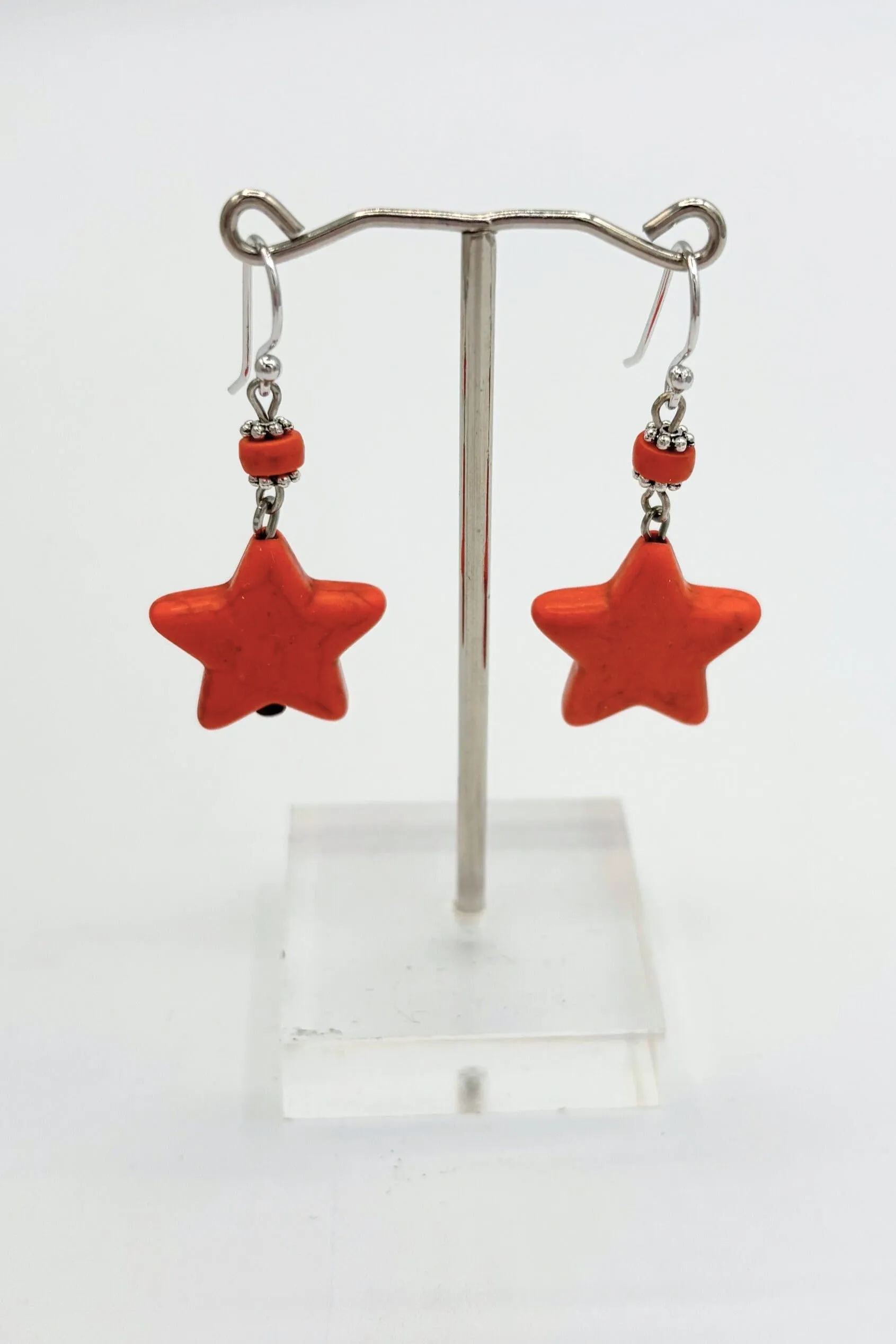 Star Shaped Genuine Stone Dangle Earrings with Accent Bead