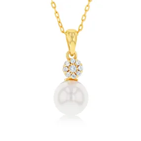Sterling Silver Gold Plated Pearl And Cubic Zirconia Pendant On 45cm Chain