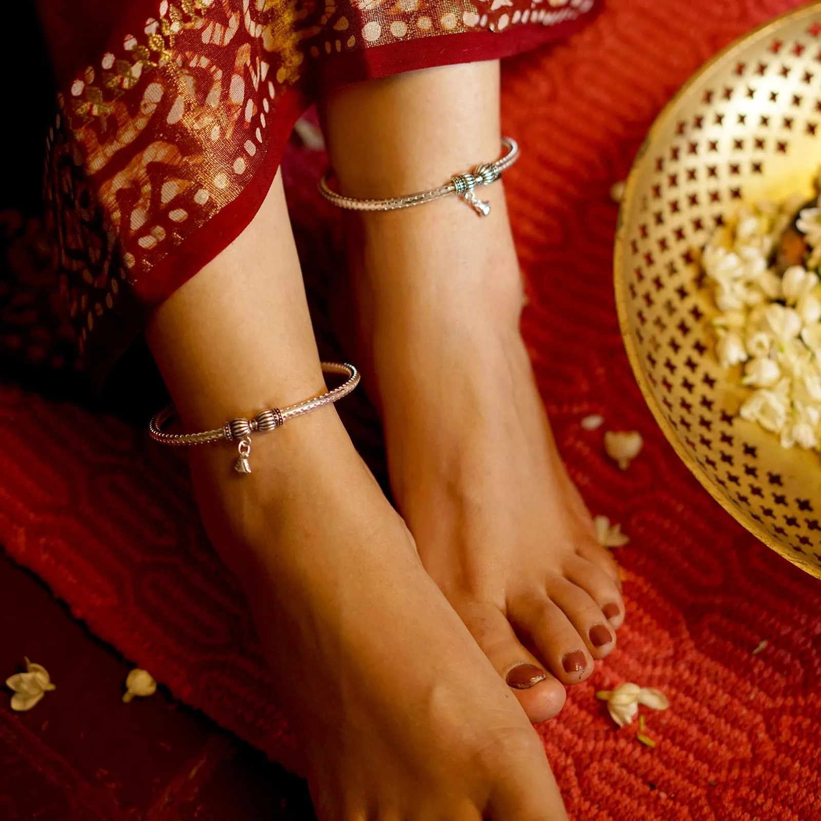 Teejh Circular Silver Oxidized Charm Anklets