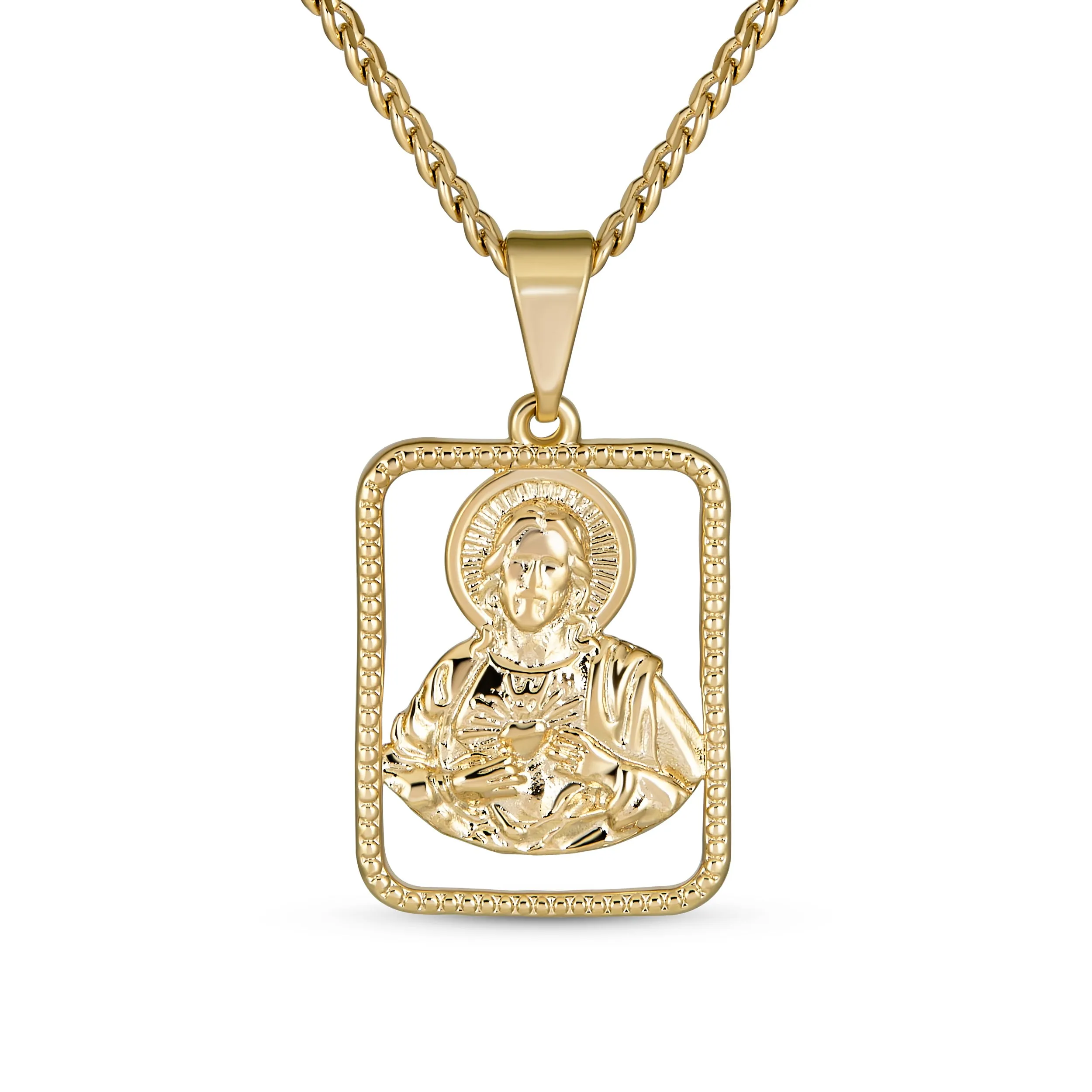 Unisex Religious Pendant Necklace with Jesus Christ Medallion in Gold for Men & Teens