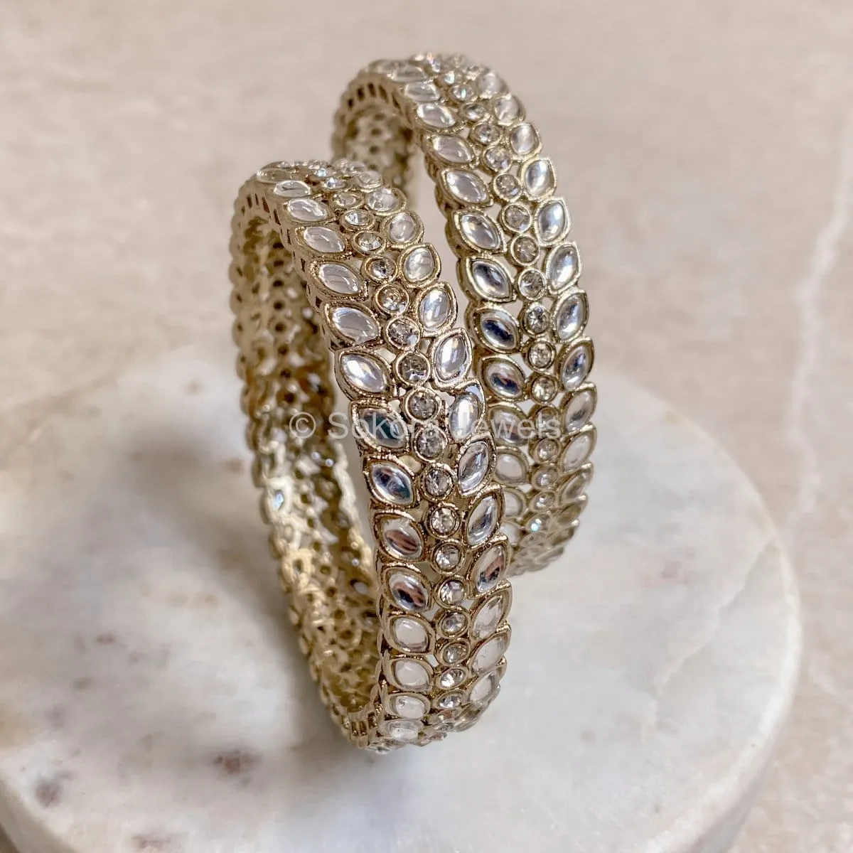 Vine Leaf Faux Kundan Bangles - Clear